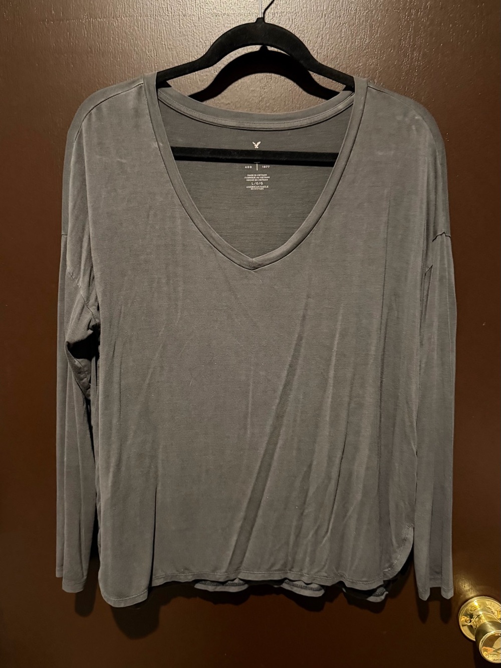 American Eagle Outfitters Gray V‑Neck Long Sleeve Top